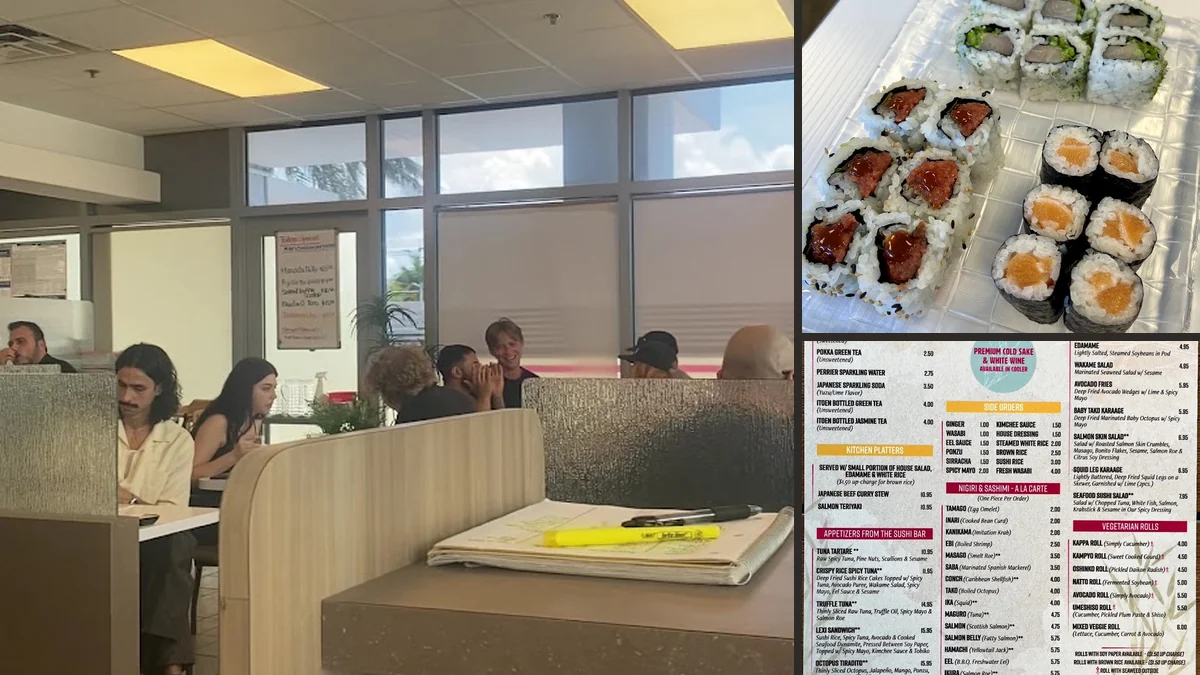 A casual sushi dining room.