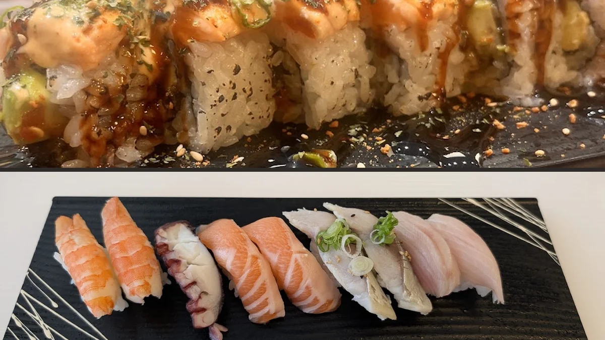 Plated sushi on a clean table.